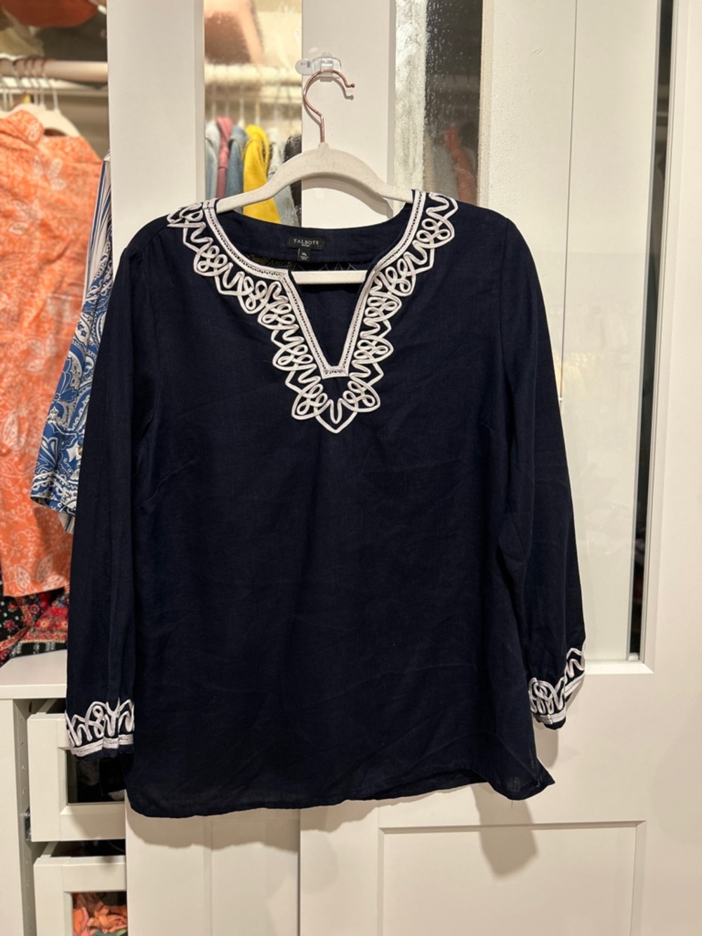 Talbots Navy Linen Tunic with White Embroidered V-Neck